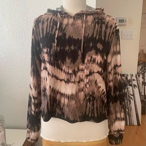 Tie Dye print sweatshirt hoodie; cropped with raw hem